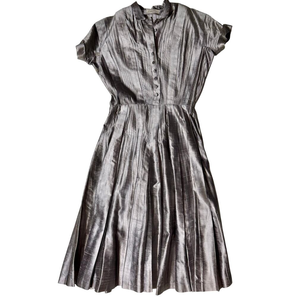 Vintage 1950s Silver Taffeta Dress Pleated Full Skirt Shirtwaist Handmade XS/S